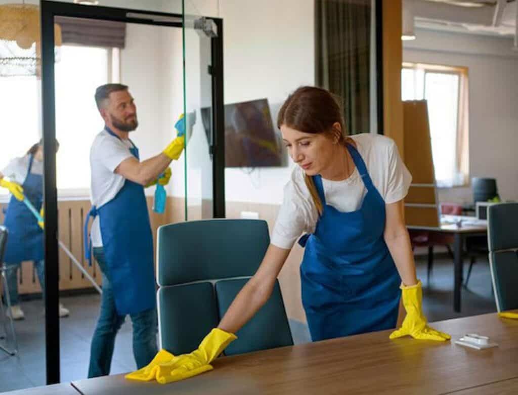 Professional commercial office cleaning service in Boston MA disinfecting desks and workspace